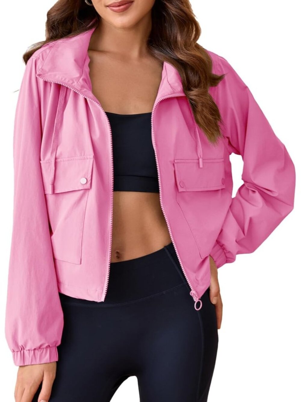 Women's Pink Long Sleeve Cropped Hooded ZIP Up Anorak Coat Military Jacket
